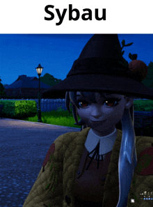 a picture of a girl wearing a witch hat with sybau written above it