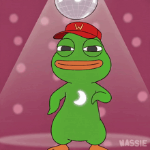a green frog wearing a red hat with the letter w on it is standing in front of a disco ball