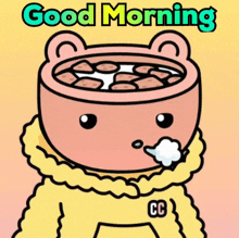 a cartoon drawing of a bear with a cup of hot chocolate on its head