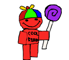 a red kid wearing a cool kid shirt holding a lollipop