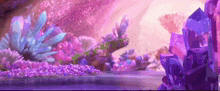 a cartoon scene of a coral reef with purple crystals and flowers