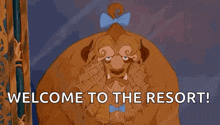 the beast from beauty and the beast is standing in front of a mirror and says welcome to the resort !