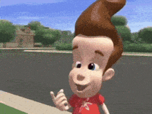 jimmy neutron is giving a thumbs up while wearing a red shirt with the letter k on it