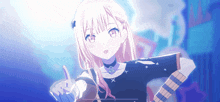 a girl with blonde hair and a choker pointing at something