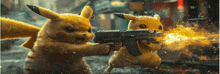 two pikachu are holding guns and shooting fire at each other