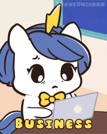 a cartoon of a unicorn sitting at a desk with a laptop and the word business written in yellow letters