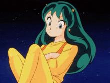 a cartoon girl with green hair and horns is sitting down with her arms crossed