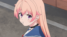 a girl with pink hair and purple eyes is making a funny face