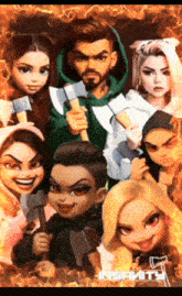 a group of cartoon characters holding axes with the word insanity on the bottom right