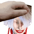 a hand is holding a woman 's head in a pixelated image .