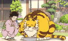 a cartoon drawing of a woman kneeling next to a cat with a bowl of food