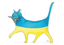 a blue and yellow cat with a gun in its mouth .