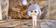 a video game character is standing in front of a wall of wood