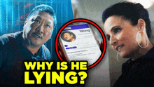 a man and a woman are standing next to each other with the words " why is he lying " above them