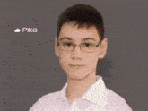 a young boy wearing glasses and a white shirt is looking at the camera