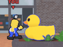 a cartoon character is standing next to a rubber duck in front of a store that says you
