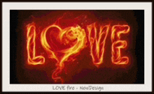 the word love is written in flames on a red background .