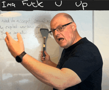 a man is holding a spatula in front of a whiteboard that says " i mq fuck u up "