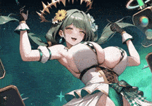 a woman with green hair and a flower in her hair is dancing