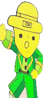 a cartoon character is wearing a green suit and a yellow hat .