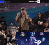 a man and woman are dancing in front of a screen that says " perfect "