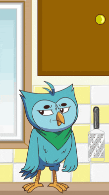 a cartoon bird with a green scarf around its neck is standing on a counter
