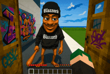 a cartoon character wearing a black sweater that says blazzard