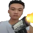 a man is holding a gun with a flame coming out of it