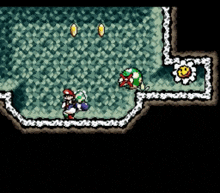 a video game scene with mario and yoshi in a cave