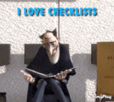 a cartoon character reading a book with the words " i love checklists " below him