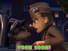 a cartoon of a man talking to another man with the words " toon soon " on the bottom