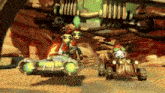 a group of cartoon characters are riding in a green vehicle