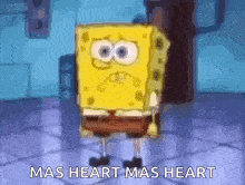 spongebob squarepants is standing in a room with the words `` mas heart mas heart '' written on his face .