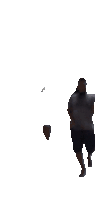 a man in a grey shirt and blue shorts is running