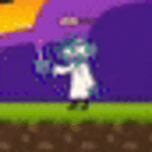a pixel art illustration of a zombie in a lab coat holding a torch .