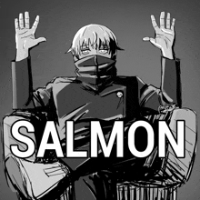 a black and white drawing of a person with the word salmon in white letters