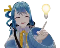 a girl with blue hair is pointing to a light bulb