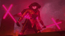 a person in a red costume is holding two pink lightsabers in front of a cross