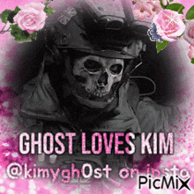 a picture of a skull wearing a helmet with the words ghost loves kim on the bottom