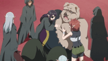 a group of people are standing around a large animal