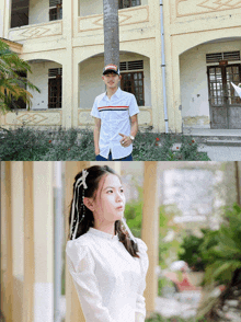 a man wearing a gucci shirt stands next to a woman in a white dress