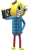 a cartoon character holding a sign that says ' my name is music '