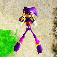 a pixel art of a cartoon character with purple and yellow pants
