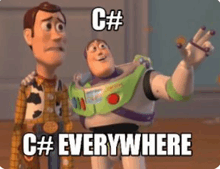 woody and buzz lightyear from toy story are standing next to each other and looking at something .