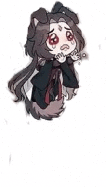 a chibi drawing of a girl with long hair and a dog 's tail is crying .