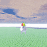 a white sheep with a red yellow and blue hat on it