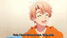 an anime character is smiling and says yeah i know what you mean yeah yeah