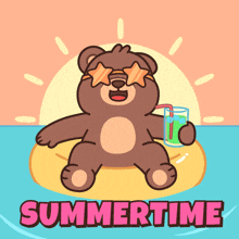 a cartoon of a teddy bear floating on a raft with the words summertime written below it