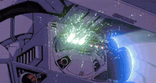 a cartoon drawing of a machine with a green light coming out of the top
