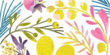 a colorful painting of flowers and leaves with a white background